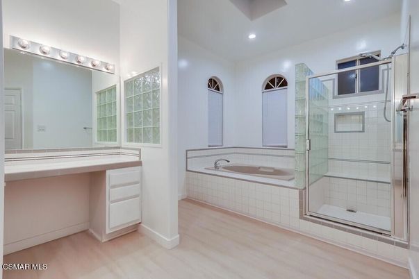 Bathroom, Glass Shower, Interior, Recessed Lighting, Wood Texture Flooring