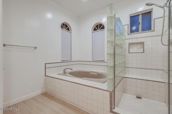 Bathroom, Glass Shower, Interior, Recessed Lighting, Wood Texture Flooring
