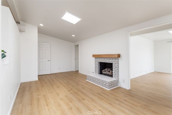 Empty room, Fireplace, Interior, Recessed Lighting, Wood Texture Flooring
