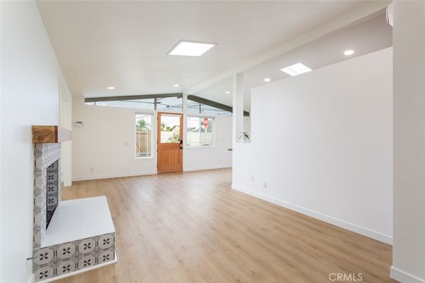 Empty room, Fireplace, Interior, Recessed Lighting, Wood Texture Flooring