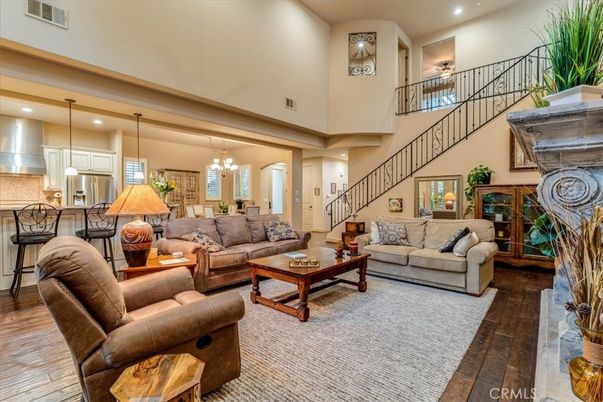 Chandelier, Dining room, Interior, Kitchen, Living room, Pendant Lights, Recessed Lighting, Wood Texture Flooring