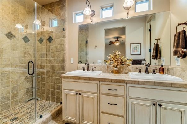 Bathroom, Dual Sink Vanities, Glass Shower, Interior, Pendant Lights, Tile Countertops