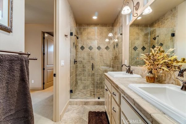 Bathroom, Dual Sink Vanities, Glass Shower, Interior, Recessed Lighting, Tile Countertops