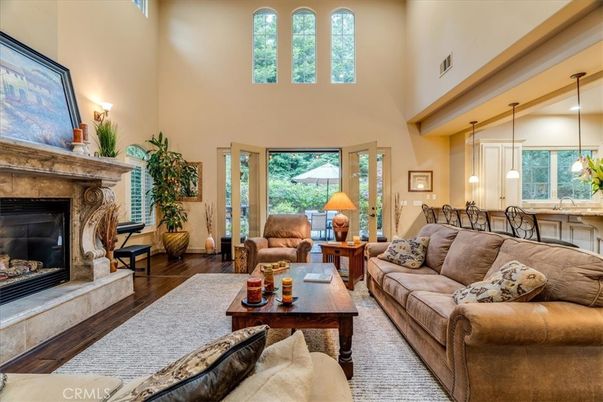Dining room, Fireplace, Interior, Living room, Pendant Lights, Wood Texture Flooring