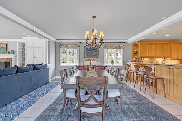 Chandelier, Dining room, Fireplace, Interior, Kitchen, Living room, Recessed Lighting