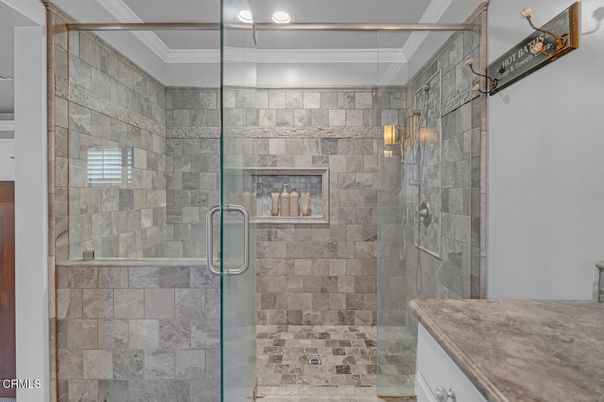 Bathroom, Glass Shower, Interior, Recessed Lighting, Stone Walls