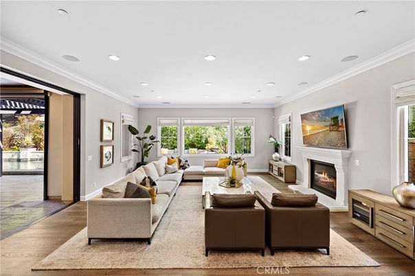 Fireplace, Interior, Living room, Recessed Lighting, Wood Texture Flooring