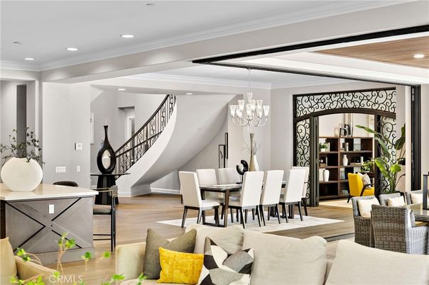 Chandelier, Dining room, Interior, Recessed Lighting, Wooden Ceilings, Wood Texture Flooring