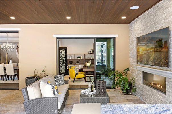 Chandelier, Dining room, Fireplace, Interior, Living room, Recessed Lighting, Wooden Ceilings