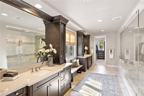 Bathroom, Dual Sink Vanities, Glass Shower, Interior, Recessed Lighting