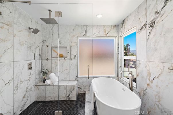 Bathroom, Free Standing Baths, Glass Shower, Interior, Marble Walls, Recessed Lighting