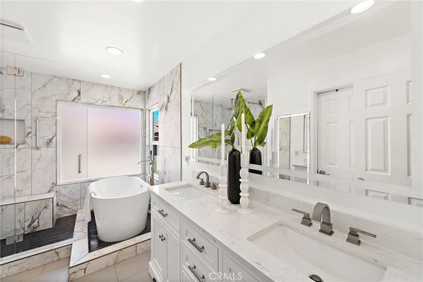 Bathroom, Dual Sink Vanities, Free Standing Baths, Glass Shower, Interior, Marble, Marble Walls, Recessed Lighting