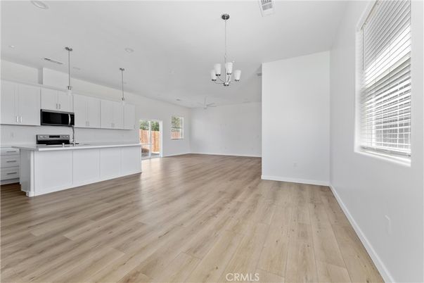 Empty room, Interior, Kitchen, Pendant Lights, Wood Texture Flooring