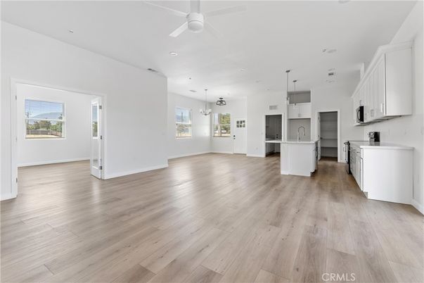 Empty room, Interior, Kitchen, Pendant Lights, Recessed Lighting, Wood Texture Flooring