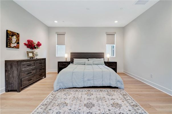 Bedroom, Interior, Recessed Lighting, Wood Texture Flooring