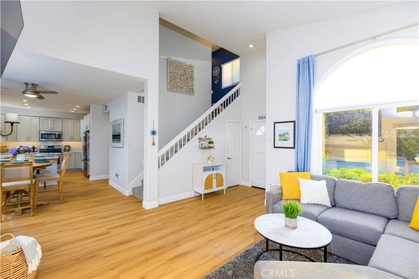Dining room, Interior, Kitchen, Living room, Recessed Lighting, Stainless Steel Appliances, Wood Texture Flooring