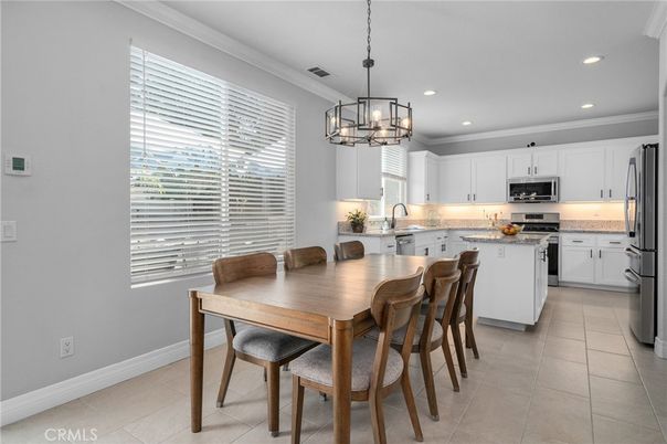 Dining room, Interior, Kitchen, Pendant Lights, Recessed Lighting, Stainless Steel Appliances
