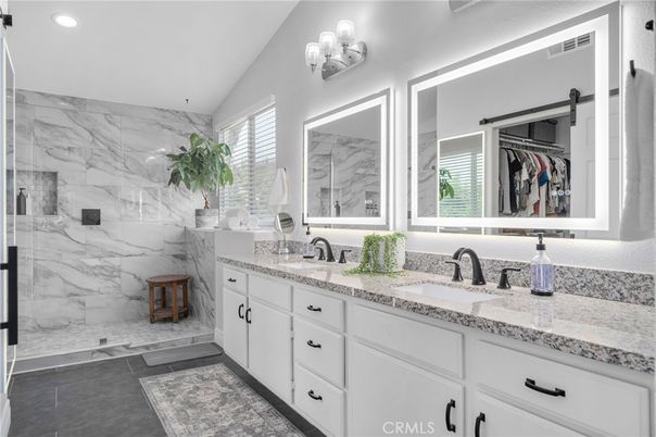 Bathroom, Dual Sink Vanities, Glass Shower, Interior, Marble Walls, Recessed Lighting