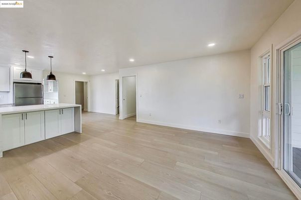 Empty room, Interior, Kitchen, Pendant Lights, Recessed Lighting, Wood Texture Flooring