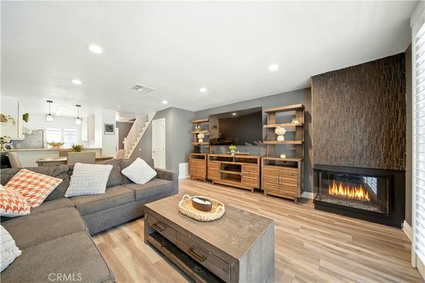 Dining room, Fireplace, Interior, Kitchen, Living room, Pendant Lights, Recessed Lighting, Wood Texture Flooring