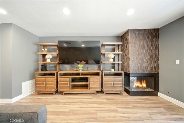 Fireplace, Interior, Recessed Lighting, Wood Texture Flooring