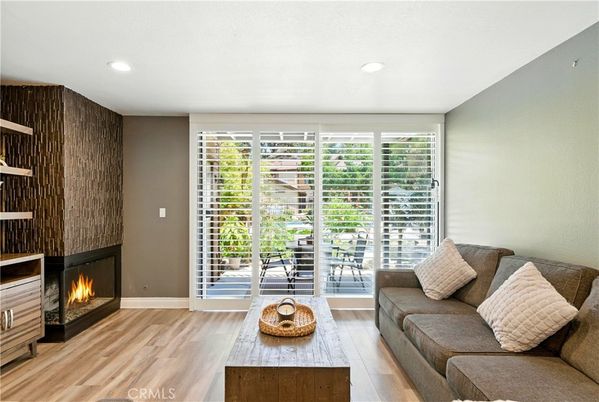Fireplace, Interior, Living room, Recessed Lighting, Wood Texture Flooring