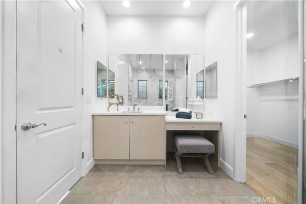 Bathroom, Dual Sink Vanities, Interior, Recessed Lighting, Wood Texture Flooring