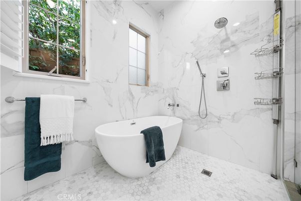 Bathroom, Free Standing Baths, Interior, Marble, Marble Walls, Recessed Lighting