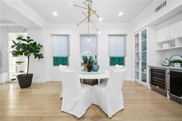Dining room, Interior, Pendant Lights, Recessed Lighting, Wood Texture Flooring