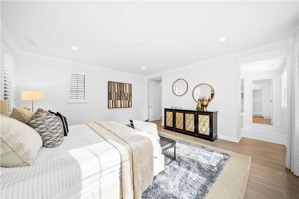 Bedroom, Interior, Recessed Lighting, Wood Texture Flooring
