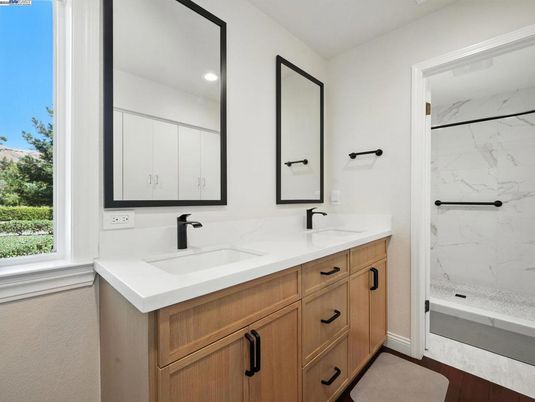 Bathroom, Dual Sink Vanities, Interior, Marble Walls, Recessed Lighting