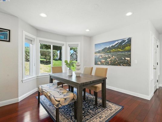 Dining room, Interior, Recessed Lighting, Wood Texture Flooring