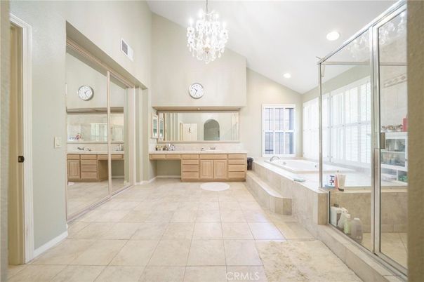 Bathroom, Chandelier, Glass Shower, Interior, Recessed Lighting