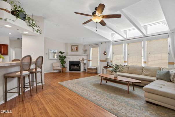 Fireplace, Interior, Living room, Pendant Lights, Recessed Lighting, Wood Texture Flooring