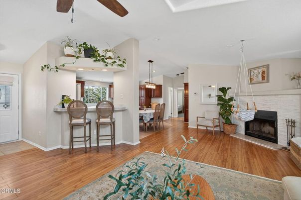 Dining room, Fireplace, Interior, Kitchen, Pendant Lights, Recessed Lighting, Wood Texture Flooring