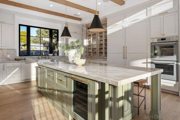 Interior, Kitchen, Pendant Lights, Recessed Lighting, Stainless Steel Appliances, Wooden Beams, Wood Texture Flooring