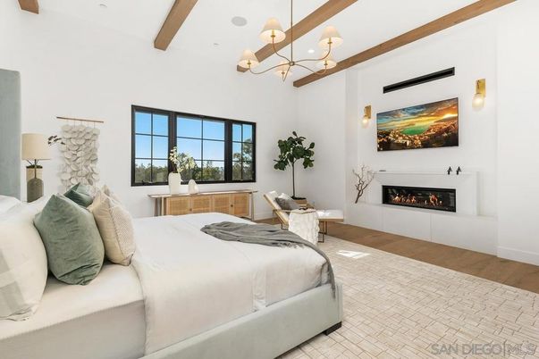 Bedroom, Chandelier, Fireplace, Interior, Recessed Lighting, Wooden Beams, Wood Texture Flooring