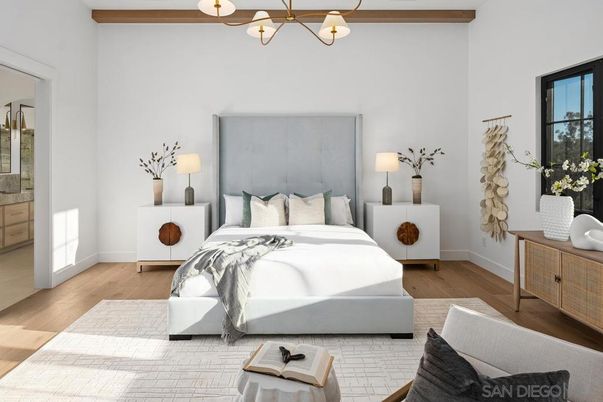 Bedroom, Interior, Pendant Lights, Wood Texture Flooring