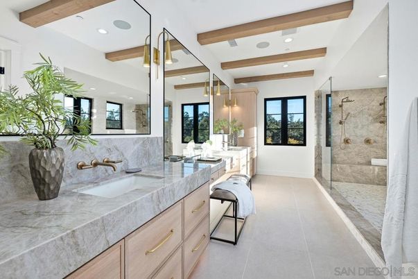 Bathroom, Dual Sink Vanities, Glass Shower, Interior, Recessed Lighting, Wooden Beams
