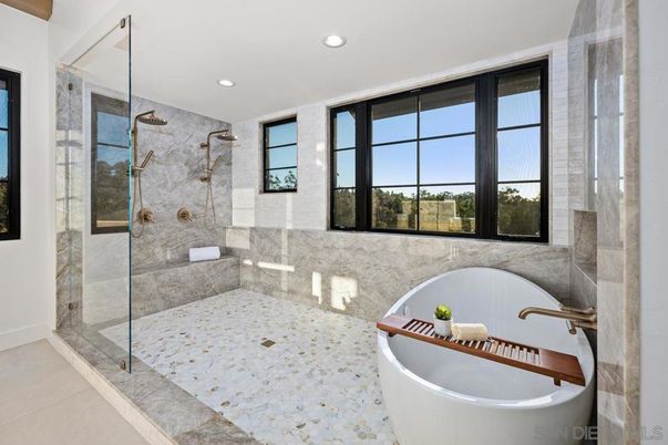 Bathroom, Free Standing Baths, Glass Shower, Interior, Recessed Lighting