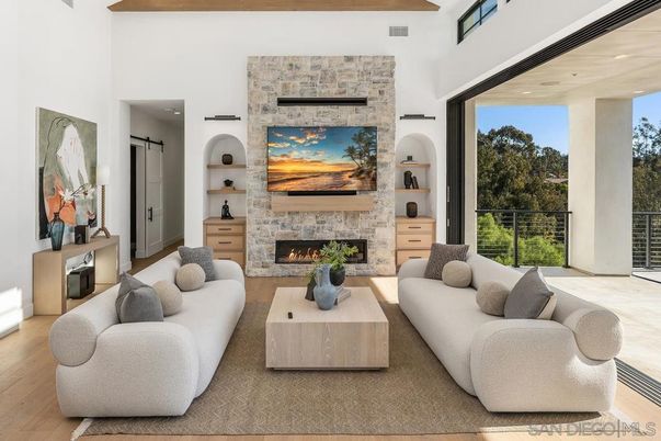 Fireplace, Interior, Living room, Recessed Lighting, Stone Walls, Wood Texture Flooring