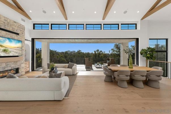 Dining room, Fireplace, Interior, Living room, Recessed Lighting, Stone Walls, Wooden Beams, Wood Texture Flooring
