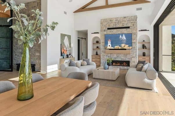 Dining room, Fireplace, Interior, Living room, Stone Walls, Wooden Beams, Wood Texture Flooring