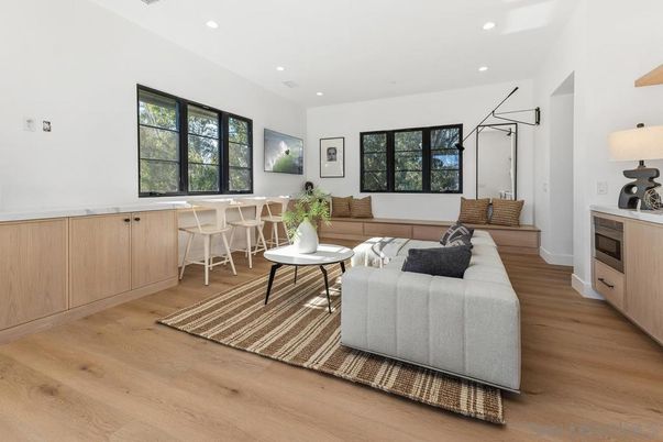 Dining room, Interior, Living room, Recessed Lighting, Wood Texture Flooring