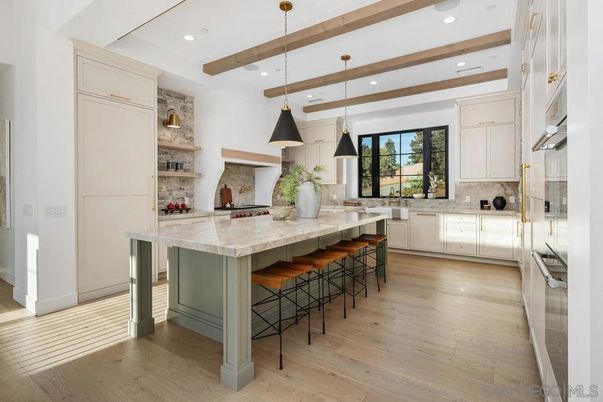 Interior, Kitchen, Pendant Lights, Recessed Lighting, Stainless Steel Appliances, Wooden Beams, Wood Texture Flooring