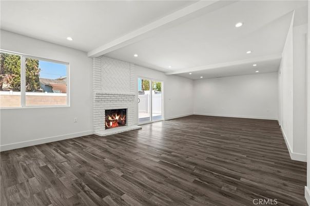 Empty room, Fireplace, Interior, Recessed Lighting, Wood Texture Flooring