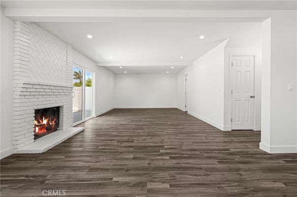 Empty room, Fireplace, Interior, Recessed Lighting, Wood Texture Flooring