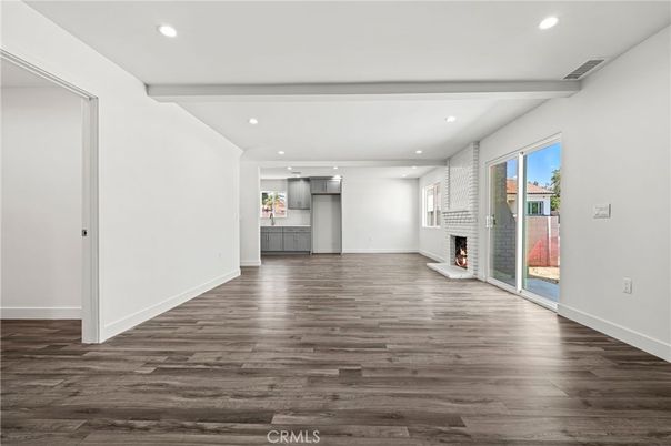 Empty room, Fireplace, Interior, Recessed Lighting, Wood Texture Flooring
