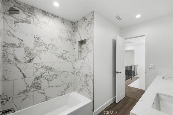 Bathroom, Interior, Marble Walls, Recessed Lighting, Wood Texture Flooring
