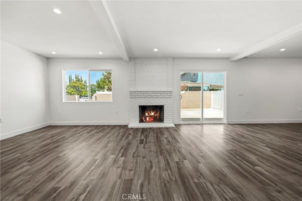 Empty room, Fireplace, Interior, Recessed Lighting, Wood Texture Flooring